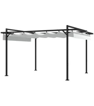 Cenador de Jardín 3x4 m con Techo Retráctil de Poliéster y 12 Orificios de Drenaje Pérgola para Terraza Blanco y Gris