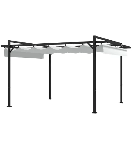 Cenador de Jardín 3x4 m con Techo Retráctil de Poliéster y 12 Orificios de Drenaje Pérgola para Terraza Blanco y Gris