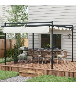Cenador de Jardín 3x4 m con Techo Retráctil de Poliéster y 12 Orificios de Drenaje Pérgola para Terraza Blanco y Gris