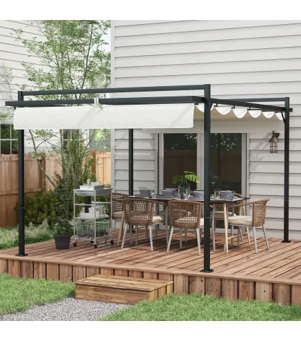Cenador de Jardín 3x4 m con Techo Retráctil de Poliéster y 12 Orificios de Drenaje Pérgola para Terraza Blanco y Gris