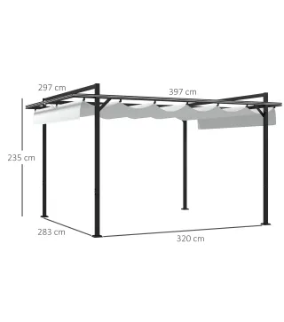 Cenador de Jardín 3x4 m con Techo Retráctil de Poliéster y 12 Orificios de Drenaje Pérgola para Terraza Blanco y Gris