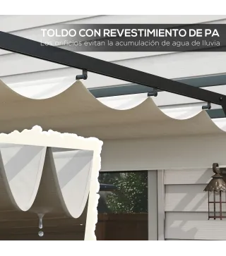 Cenador de Jardín 3x4 m con Techo Retráctil de Poliéster y 12 Orificios de Drenaje Pérgola para Terraza Blanco y Gris