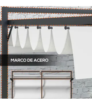 Cenador de Jardín 3x4 m con Techo Retráctil de Poliéster y 12 Orificios de Drenaje Pérgola para Terraza Blanco y Gris