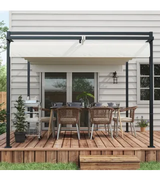 Cenador de Jardín 3x4 m con Techo Retráctil de Poliéster y 12 Orificios de Drenaje Pérgola para Terraza Blanco y Gris