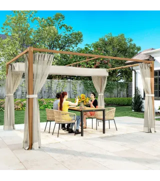 Pérgola de Jardín 4x3 m con Techo Retráctil Mosquiteras Laterales de Malla y Marco de Aluminio para Terraza Natural
