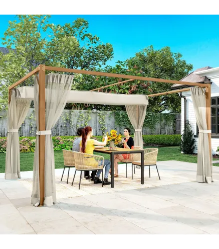 Pérgola de Jardín 4x3 m con Techo Retráctil Mosquiteras Laterales de Malla y Marco de Aluminio para Terraza Natural