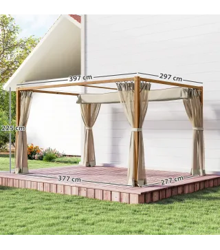 Pérgola de Jardín 4x3 m con Techo Retráctil Mosquiteras Laterales de Malla y Marco de Aluminio para Terraza Natural