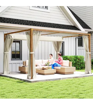 Pérgola de Jardín 4x3 m con Techo Retráctil Mosquiteras Laterales de Malla y Marco de Aluminio para Terraza Natural