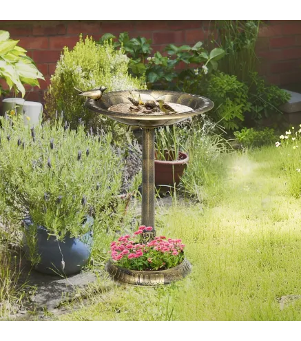 Baño para Pájaros de Jardín Exterior con 2 Niveles Recipientes para Agua y Comida Diseño Retro y Elegante Bronce