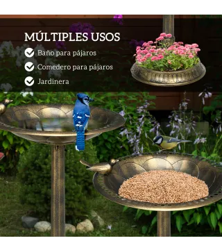 Baño para Pájaros de Jardín Exterior con 2 Niveles Recipientes para Agua y Comida Diseño Retro y Elegante Bronce