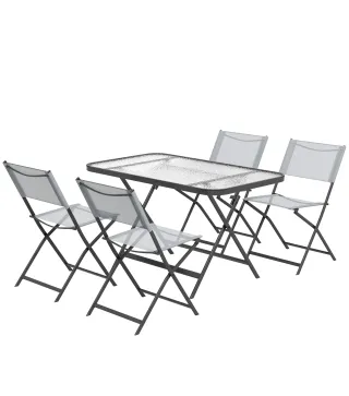 Conjunto de Mesa y 4 Sillas de Jardín Plegable con Mesa de Vidrio Templado Estilo Moderno para Terraza Patio Gris
