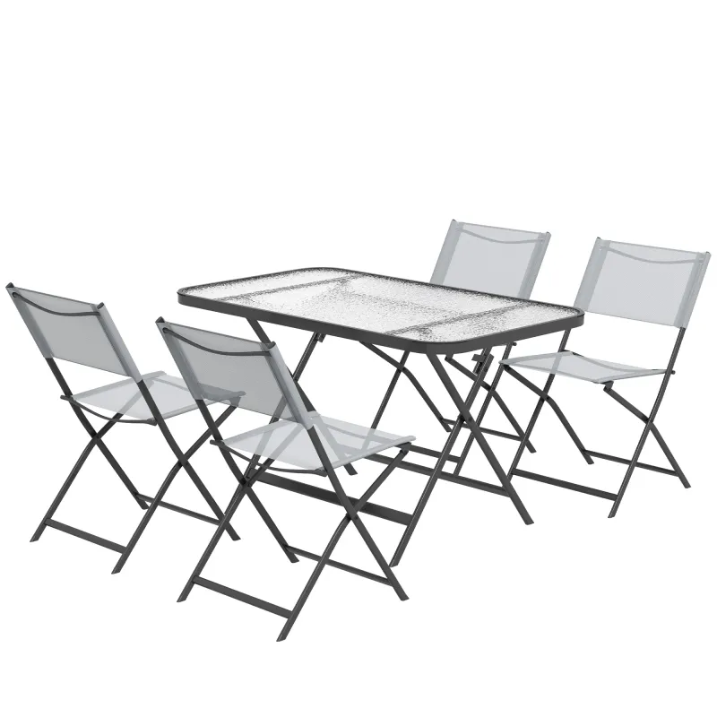 Conjunto de Mesa y 4 Sillas de Jardín Plegable con Mesa de Vidrio Templado Estilo Moderno para Terraza Patio Gris