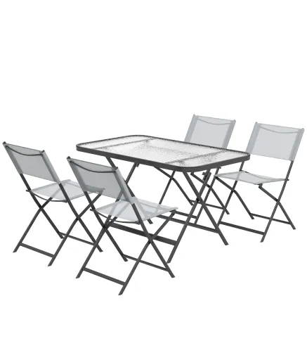 Conjunto de Mesa y 4 Sillas de Jardín Plegable con Mesa de Vidrio Templado Estilo Moderno para Terraza Patio Gris