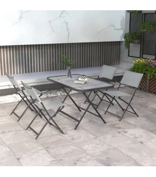 Conjunto de Mesa y 4 Sillas de Jardín Plegable con Mesa de Vidrio Templado Estilo Moderno para Terraza Patio Gris