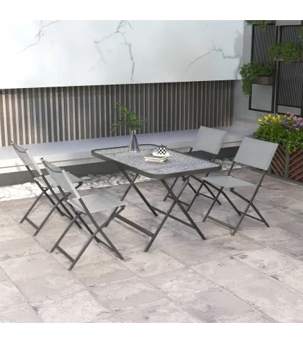 Conjunto de Mesa y 4 Sillas de Jardín Plegable con Mesa de Vidrio Templado Estilo Moderno para Terraza Patio Gris