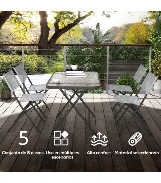 Conjunto de Mesa y 4 Sillas de Jardín Plegable con Mesa de Vidrio Templado Estilo Moderno para Terraza Patio Gris
