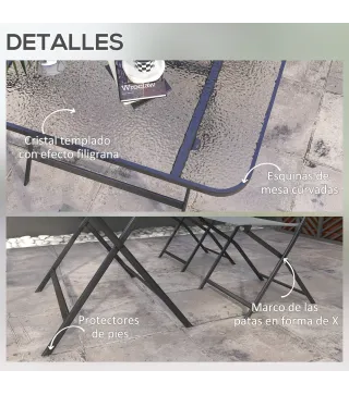 Conjunto de Mesa y 4 Sillas de Jardín Plegable con Mesa de Vidrio Templado Estilo Moderno para Terraza Patio Gris