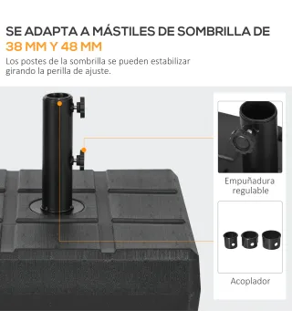 Soporte para Parasol Rellenable de Agua 30 kg y Arena 40 kg para Poste de Paraguas de Ø38/48 mm 49x49x36,5 cm Negro