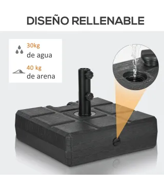 Soporte para Parasol Rellenable de Agua 30 kg y Arena 40 kg para Poste de Paraguas de Ø38/48 mm 49x49x36,5 cm Negro