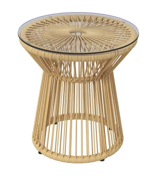 Mesa de Ratán Sintético Redonda con Encimera de Cristal y Marco de Metal Carga 30 kg para Patio Jardín Ø40x42 cm Beige