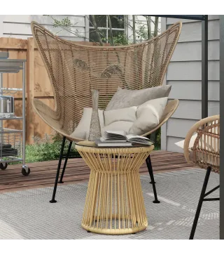 Mesa de Ratán Sintético Redonda con Encimera de Cristal y Marco de Metal Carga 30 kg para Patio Jardín Ø40x42 cm Beige