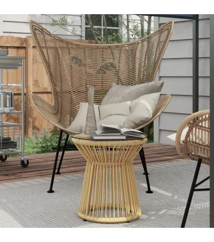 Mesa de Ratán Sintético Redonda con Encimera de Cristal y Marco de Metal Carga 30 kg para Patio Jardín Ø40x42 cm Beige