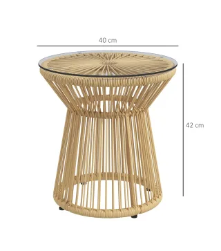 Mesa de Ratán Sintético Redonda con Encimera de Cristal y Marco de Metal Carga 30 kg para Patio Jardín Ø40x42 cm Beige