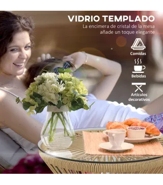 Mesa de Ratán Sintético Redonda con Encimera de Cristal y Marco de Metal Carga 30 kg para Patio Jardín Ø40x42 cm Beige