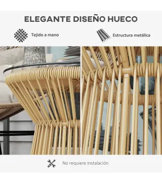 Mesa de Ratán Sintético Redonda con Encimera de Cristal y Marco de Metal Carga 30 kg para Patio Jardín Ø40x42 cm Beige