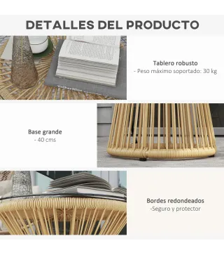 Mesa de Ratán Sintético Redonda con Encimera de Cristal y Marco de Metal Carga 30 kg para Patio Jardín Ø40x42 cm Beige