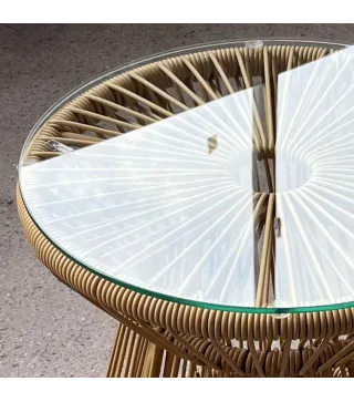 Mesa de Ratán Sintético Redonda con Encimera de Cristal y Marco de Metal Carga 30 kg para Patio Jardín Ø40x42 cm Beige