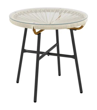 Mesa Auxiliar de Ratán Sintético Redonda para Exteriores con Encimera de Vidrio Templado Ø50x50 cm Crema