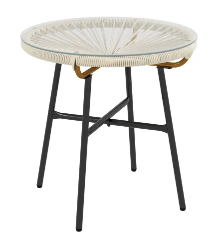 Mesa Auxiliar de Ratán Sintético Redonda para Exteriores con Encimera de Vidrio Templado Ø50x50 cm Crema