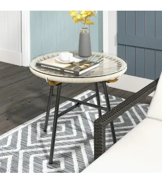 Mesa Auxiliar de Ratán Sintético Redonda para Exteriores con Encimera de Vidrio Templado Ø50x50 cm Crema