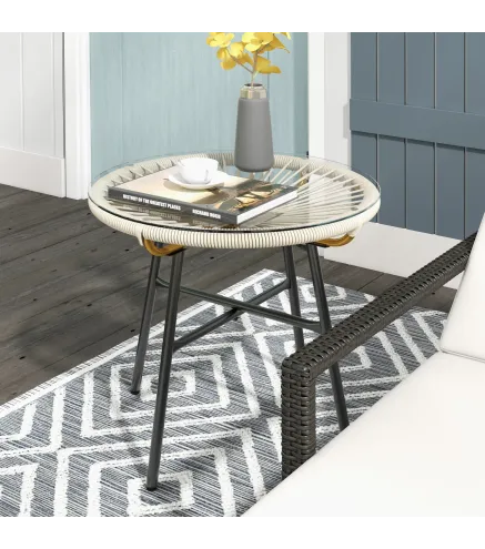 Mesa Auxiliar de Ratán Sintético Redonda para Exteriores con Encimera de Vidrio Templado Ø50x50 cm Crema