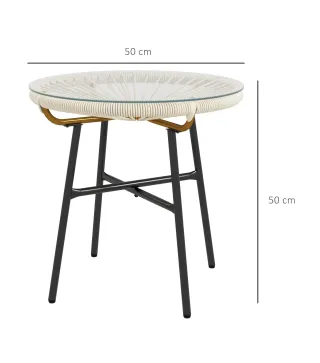 Mesa Auxiliar de Ratán Sintético Redonda para Exteriores con Encimera de Vidrio Templado Ø50x50 cm Crema