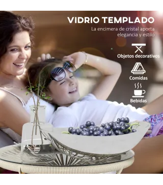 Mesa Auxiliar de Ratán Sintético Redonda para Exteriores con Encimera de Vidrio Templado Ø50x50 cm Crema