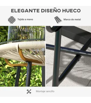 Mesa Auxiliar de Ratán Sintético Redonda para Exteriores con Encimera de Vidrio Templado Ø50x50 cm Crema