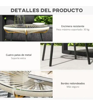 Mesa Auxiliar de Ratán Sintético Redonda para Exteriores con Encimera de Vidrio Templado Ø50x50 cm Crema