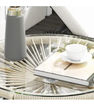 Mesa Auxiliar de Ratán Sintético Redonda para Exteriores con Encimera de Vidrio Templado Ø50x50 cm Crema