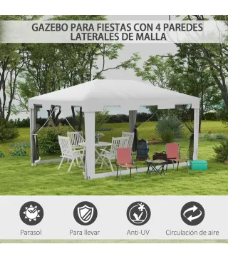 Cenador Exterior 4x3 m con 4 Mosquiteras Laterales 2 Puertas con Cremallera y 6 Orificios de Drenaje Blanco y Negro