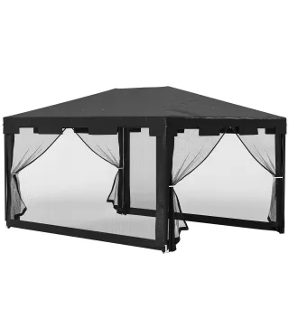 Cenador Exterior 4x3 m con 4 Mosquiteras Laterales 2 Puertas con Cremallera y 6 Orificios de Drenaje Gris Oscuro