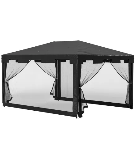 Cenador Exterior 4x3 m con 4 Mosquiteras Laterales 2 Puertas con Cremallera y 6 Orificios de Drenaje Gris Oscuro