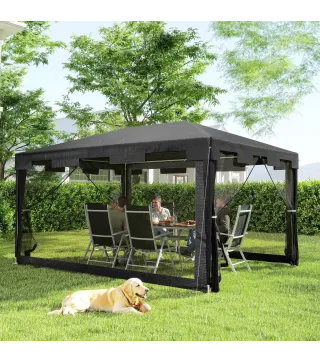 Cenador Exterior 4x3 m con 4 Mosquiteras Laterales 2 Puertas con Cremallera y 6 Orificios de Drenaje Gris Oscuro