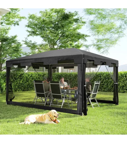 Cenador Exterior 4x3 m con 4 Mosquiteras Laterales 2 Puertas con Cremallera y 6 Orificios de Drenaje Gris Oscuro