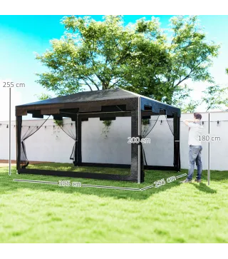 Cenador Exterior 4x3 m con 4 Mosquiteras Laterales 2 Puertas con Cremallera y 6 Orificios de Drenaje Gris Oscuro