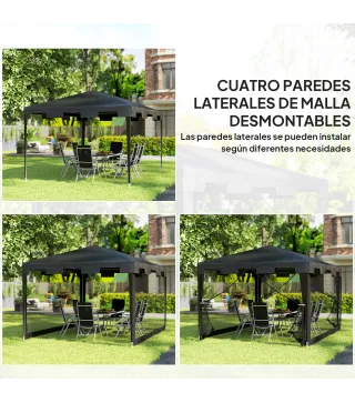 Cenador Exterior 4x3 m con 4 Mosquiteras Laterales 2 Puertas con Cremallera y 6 Orificios de Drenaje Gris Oscuro