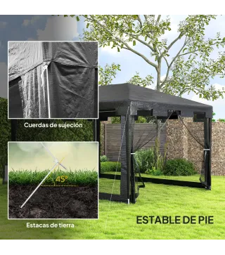 Cenador Exterior 4x3 m con 4 Mosquiteras Laterales 2 Puertas con Cremallera y 6 Orificios de Drenaje Gris Oscuro