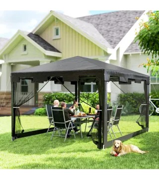 Cenador Exterior 4x3 m con 4 Mosquiteras Laterales 2 Puertas con Cremallera y 6 Orificios de Drenaje Gris Oscuro