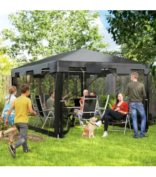 Cenador Exterior 4x3 m con 4 Mosquiteras Laterales 2 Puertas con Cremallera y 6 Orificios de Drenaje Gris Oscuro